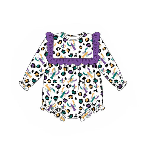 9.19 LR2666 Baby Girls Mardi Gras Leopard Crayfishes Ruffle Rompers Preorder