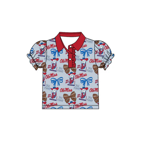 7.31  Custom Moq 5 Baby Girls Olemiss Bows Team Short Sleeve Tee Pullovers Polo Shirts Tops