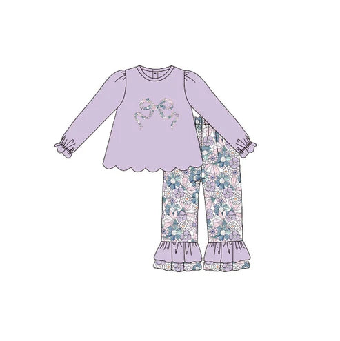 10.24GLP3019 Baby Girls Floral Bows Tunic Ruffle Pants Clothes Sets Preorder