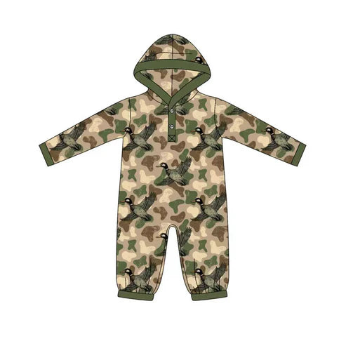 9.9 Custom Moq 5 Baby Boys Green Camo Ducks Button Western Hoodie Footie Rompers