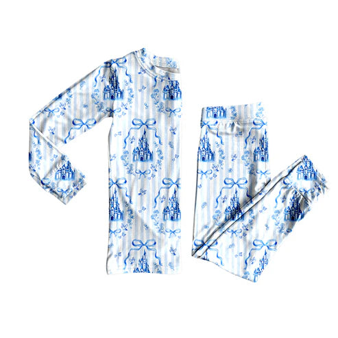 9.18 LR2661 Baby Girls Blue Stripe Bows Castles Zipper Footie Rompers Preorder