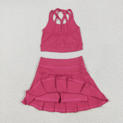 6.9  GT1010+GLK0079 Baby Girls Hot Pink Strap Vest Top Skort Yoga Set
