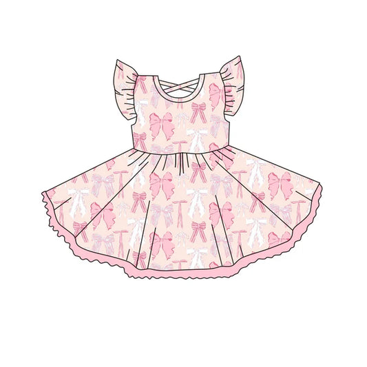 3.27 GSD2254 Baby Girls Flutter Sleeves Bow Pink Knee Length Dress Preorder