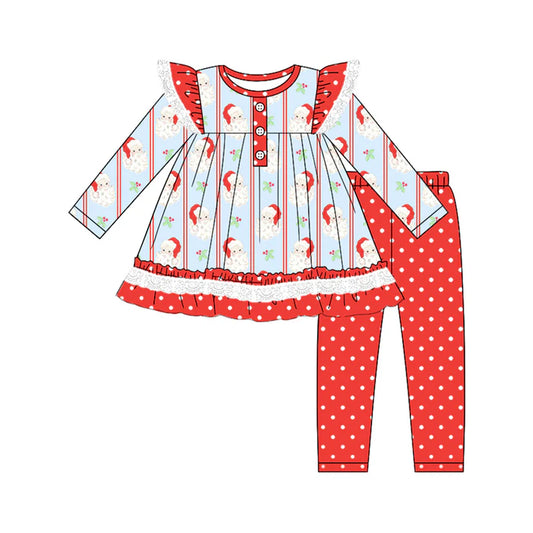 6.16 GLP2382 Baby Girls Long Sleeves Santa Stripe Button Tunic Polka Dots Legging Pants Set Preorder