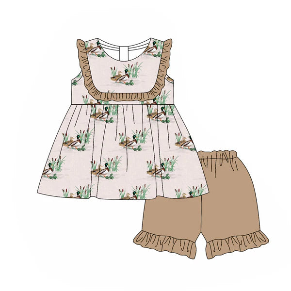 L-3.4 GSSO2121 Baby Girls Mallard Ducks Ruffle Tunic Ruffle Shorts Clothes Sets Preorder