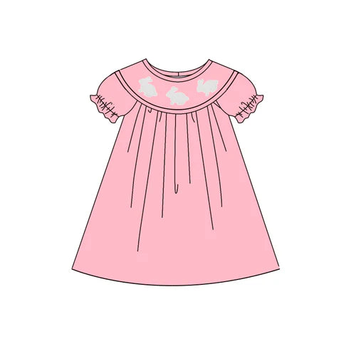 10.24 GSD2924 Baby Girls Pink Rabbits Easter Ruffle Sleeve Knee Length Dresses Preorder