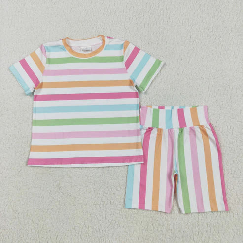 5.21 GSSO2468 Baby Girls Colorful Stripes Top Short Pajamas Set