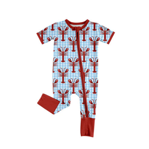10.1 SR3244 Baby Boys Blue Checked Crayfishes Zipper Rompers Preorder