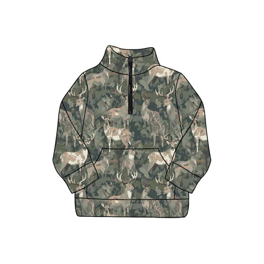 8.28 GT1177 Adult Women Olive Deer Camo Pocket Zipper Yoga Pullover Tops