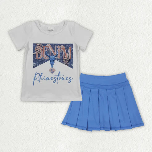 6.9  GT0133+GLK0084 Baby Girls Western Rhinestone Shirt Blue Pleated Skorts Yoga Active Set
