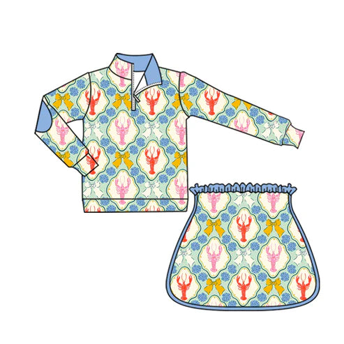 6.5 GLD1096 Baby Girls Long Sleeves Bows Crayfishes Plaid Zipper Top Skorts Yoga Set Preorder