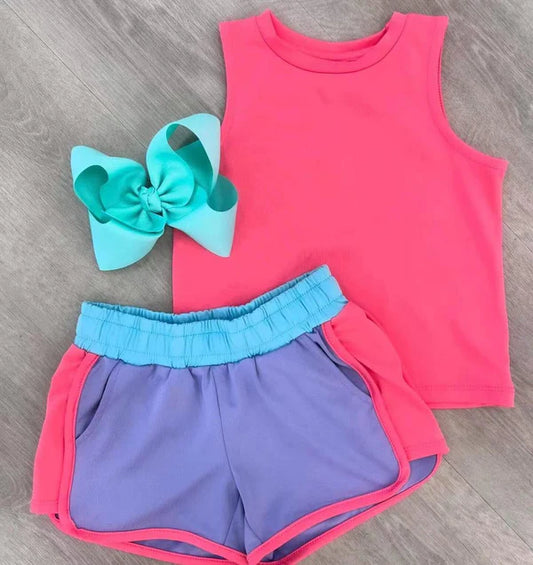 3.27 GSSO2418 Baby Girls Pink Sleeveless Shirt Top Lavender Pockets Short Yoga Active Set Preorder