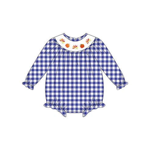 5.20 LR2204 Baby Girls Long Sleeves Blue Plaid Smocked Turkey Pumpkins Ruffle Rompers Preorder