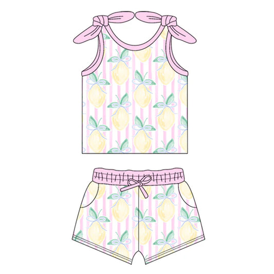 L-3.4 GSSO2098 Baby Girls Pink Stripes Bows Lemon Shirts Top Shorts Clothes Sets preorder