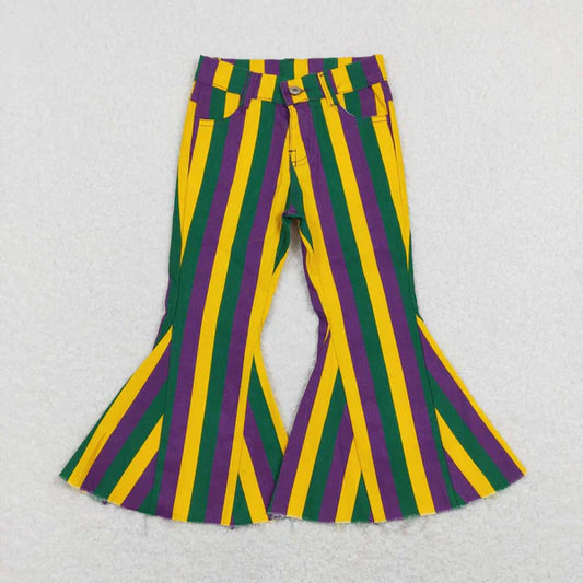 P0327 Mardi Gras purple, green and gold striped denim trousers