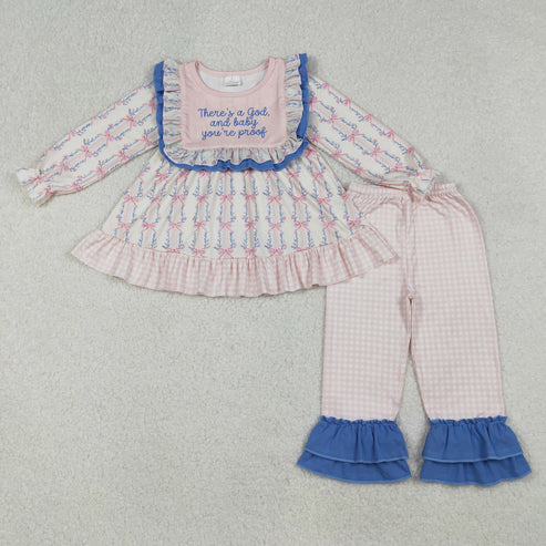 9.24 GLP2379 Baby Girls Long Sleeves Pink Floral Stripe Tunic Ruffle Pants Set