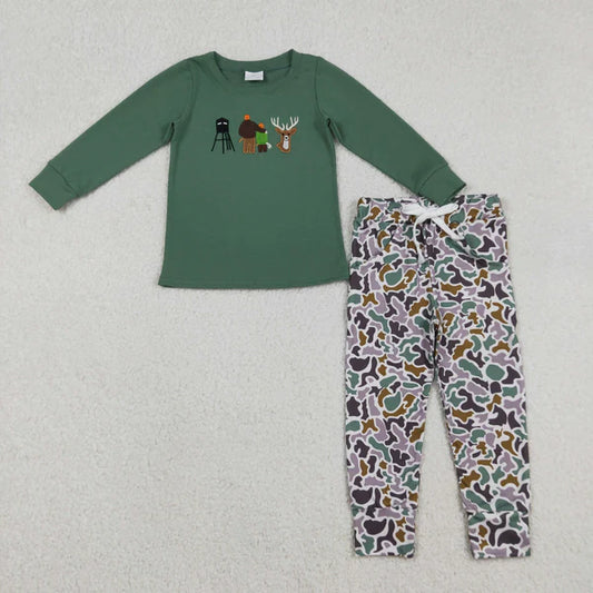 12.13 BT1438+P0944 Embroidery Deer Baby Boys Hunting Top Camo Pockets Jogger Pants Clothes Set