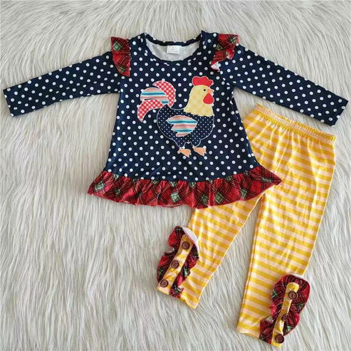 RTS NO MOQ ETA 5/7days Arrived 6 A28-16 Blue polka dot rooster long sleeve top striped pants