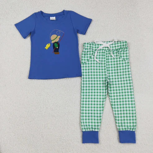 9.6 BSPO0506 Embroidery Baby Boys Blue Fishing Shirt Checkered Pants Clothes Set