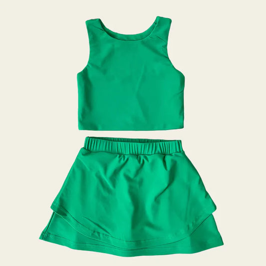 6.12 GSD2670 Baby Girls Sleeveless Dark Green Vest Top Short Skirts Yoga Set Preorder