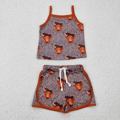 4.14 GSSO2341 Baby Girls Brown Strap Leopard Highland Cows Top Short Sport Set