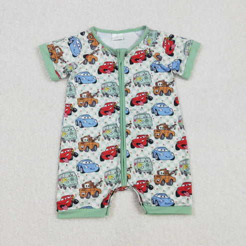 L-3.8 SR2373 Baby Infant Boys Car Racing Green Checkered Zip Romper