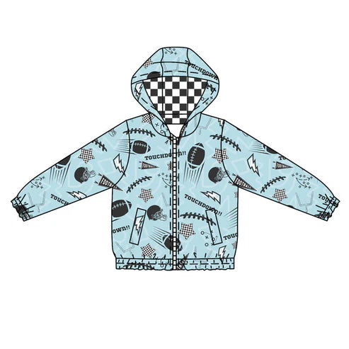 10.10Custom Moq 5 Baby Boys Blue Footballs Stars Pockets Zipper Team Hoodies Top