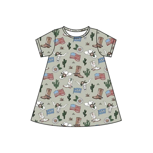 4.22 GSD2499 Baby Girls Gray Short Sleeves Flags Bull Skull 4th Of July Knee Length Dresses Preorder