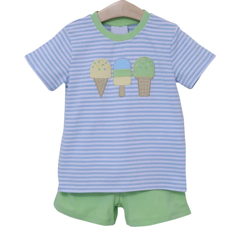 3.19 BSSO1407 Baby Boys Blue Stripe Short Sleeves Ice Cream Shirt Green Shorts Sets preorder