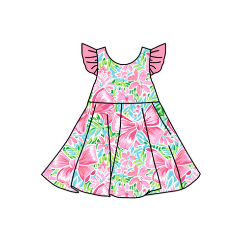 3.25 GSD2270 Baby Girls Pink Flutter Sleeves Watercolor Floral Bows Knee Length Dresses Preorder