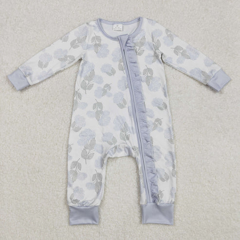 LR2157 Baby Infant Girls Ruffles Blue Flowers Zip Romper