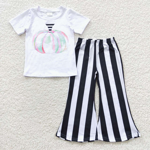 9.1 RTS NO MOQ A7-5 Watercolor pumpkin black and white striped pants suit