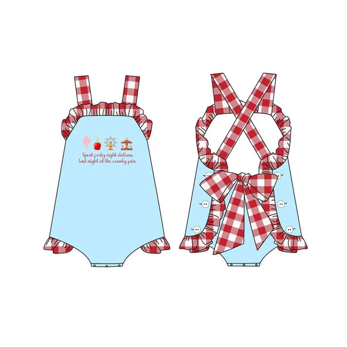 4.18 SR3055 Baby Girls Red Plaid Strap Park Backless Bow Ruffle Rompers Preorder