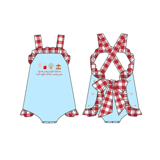 4.18 SR3055 Baby Girls Red Plaid Strap Park Backless Bow Ruffle Rompers Preorder