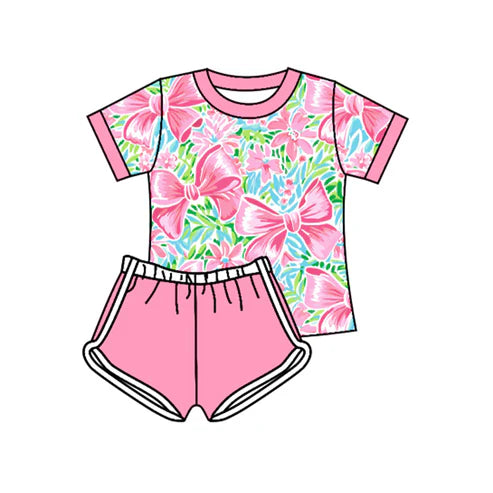 3.25 GSSO2441 Baby Girls Pink Short Sleeves Watercolor Bows Floral Top Short Set Preorder