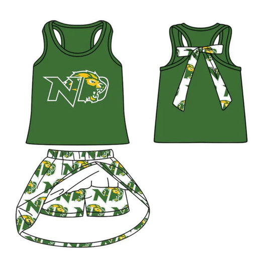 8.20  Custom Moq 5 Baby Girls Green Sleeveless ND Vest Top Plaid Skorts Team Set