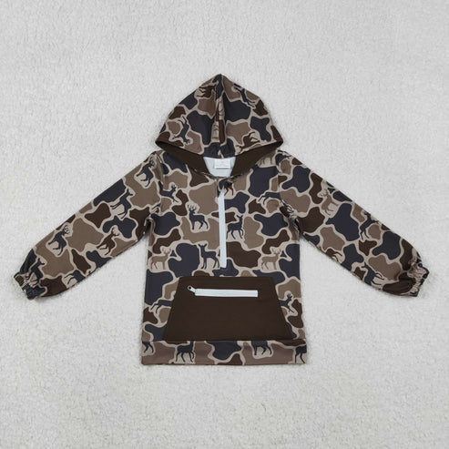 11.12 BT1348 Baby Boys Brown Deer Camo Pocket Zipper Western Hoodie Top