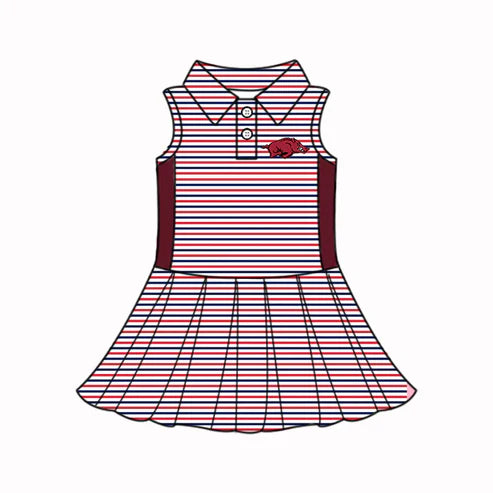 6.21 Custom Moq 3 Baby Girls Sleeveless Dark Red Stripes Button Bull Team Knee Length Dresses