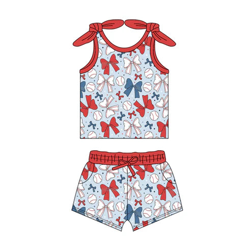 GSSO2311 Baby Girls Baseball Bows Shirt Pockets Shorts Clothes Sets preorder