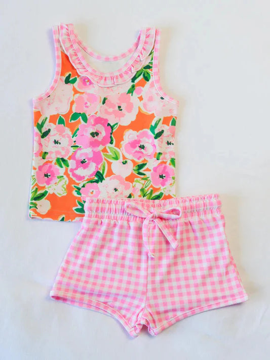 3.27 GSSO2413 Baby Girls Pink Plaid Sleeveless Floral Top Short Set Preorder