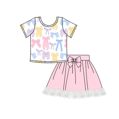 3.22 GSD2219 Baby Girls Short Sleeves Colorful Bows Top Lace Skort Set Preorder