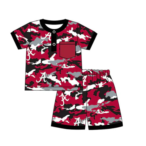 6.21 Custom Moq 3 Baby Boys Short Sleeves Red Camo Button Pocket A Top Shorts Team Pajamas Set