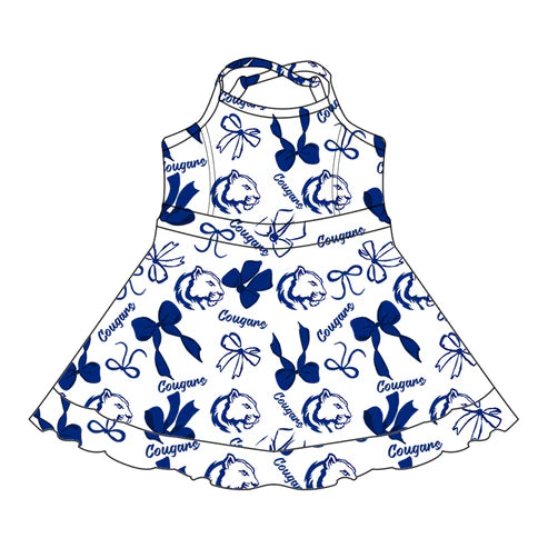 7.31 Custom Moq 5 Baby Girls Blue Bows Cougars Short Ruffle Team Knee Length Dresses