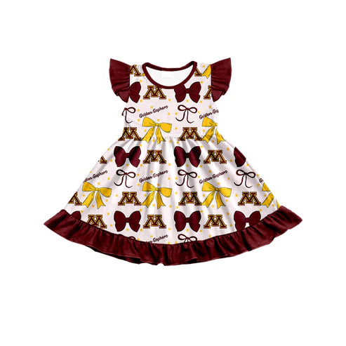 7.3 Custom Moq 3 Baby Girls Flutter Sleeves Gophers Bows Team Knee Length Dresses