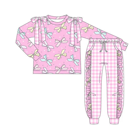 10.10 Custom Moq 5 Baby Girls Pink Hearts Bows Top Pockets Pants Valentine Clothes Sets