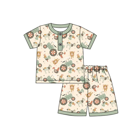 4.3BSSO1459 Baby Boys Button Chicks Pigs Top Short Farm Pajamas Set Preorder