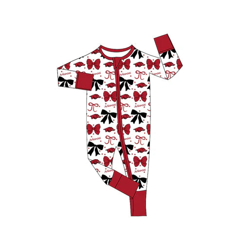9.6 Custom Moq 5 Baby Girls Red Arkansas Bows Zipper Footie Rompers