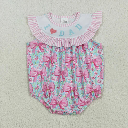5.17  SR3089 Embroidered Baby Girls Pink Flutter Sleeves I Love Dad Bows Floral Ruffle Romper