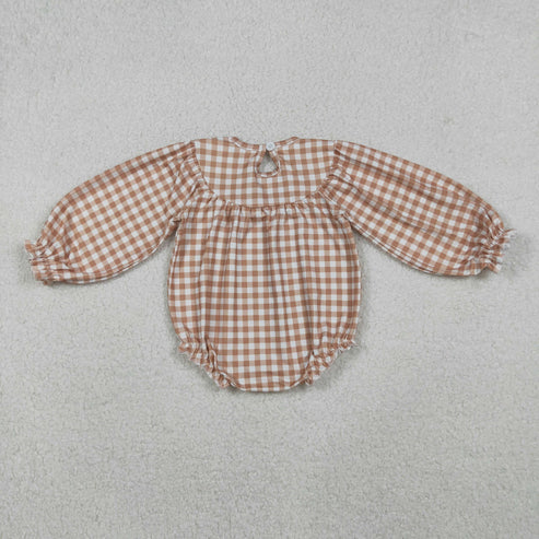 10.25 LR2205 Baby Girls Long Sleeves Khaki Plaid Smocked Turkey Leaves Ruffle Romper