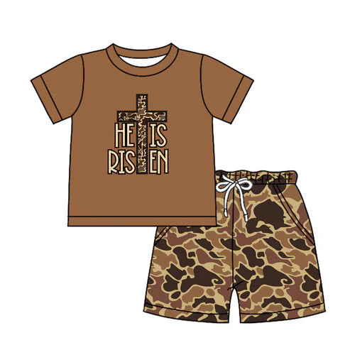 BSSO1162 Baby Boys He Is Risen Cross Camo Shirt Shorts Clothes Sets Preorder